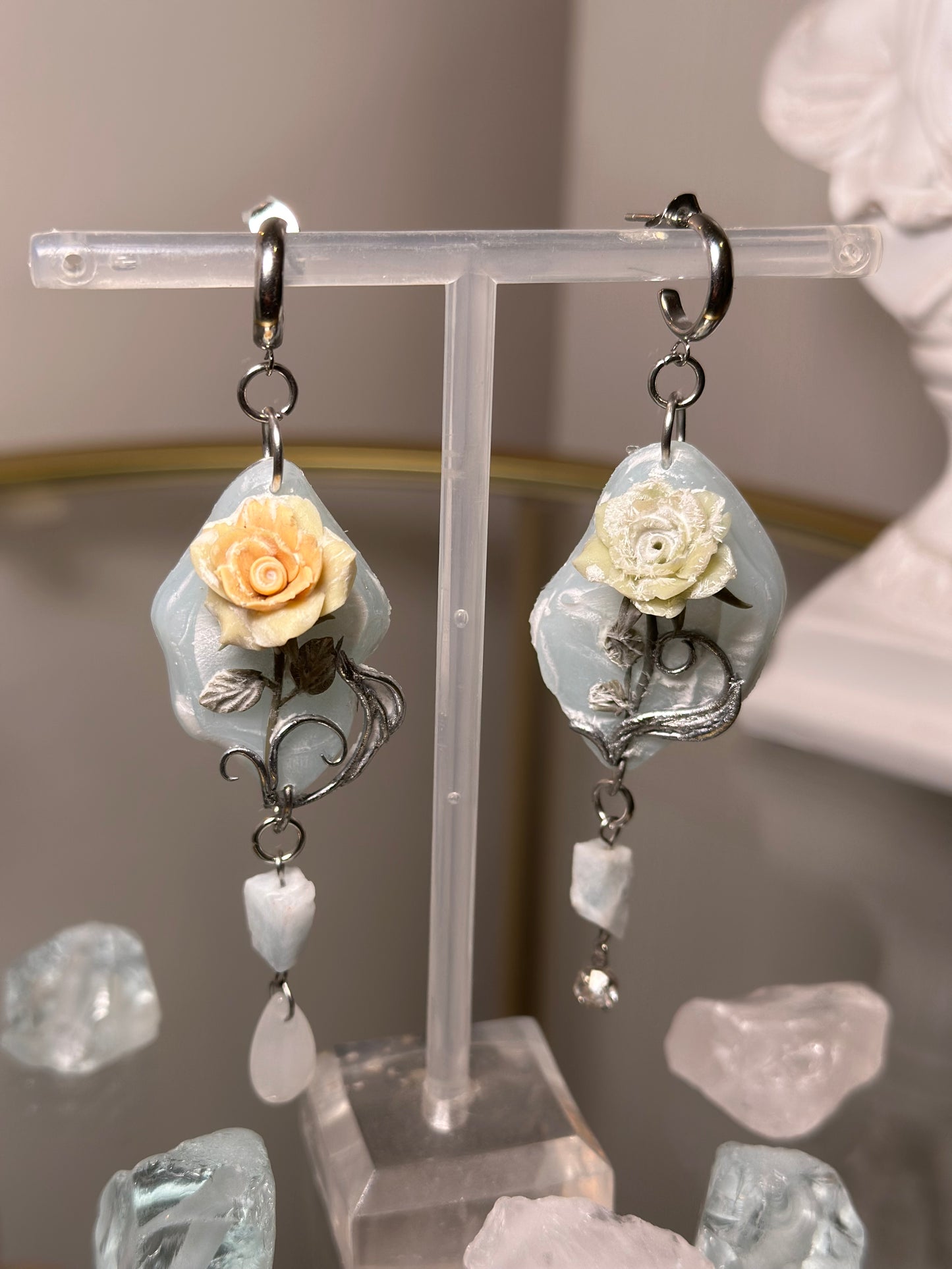 Frozen Rose Drop Earrings –Echoes of Ice