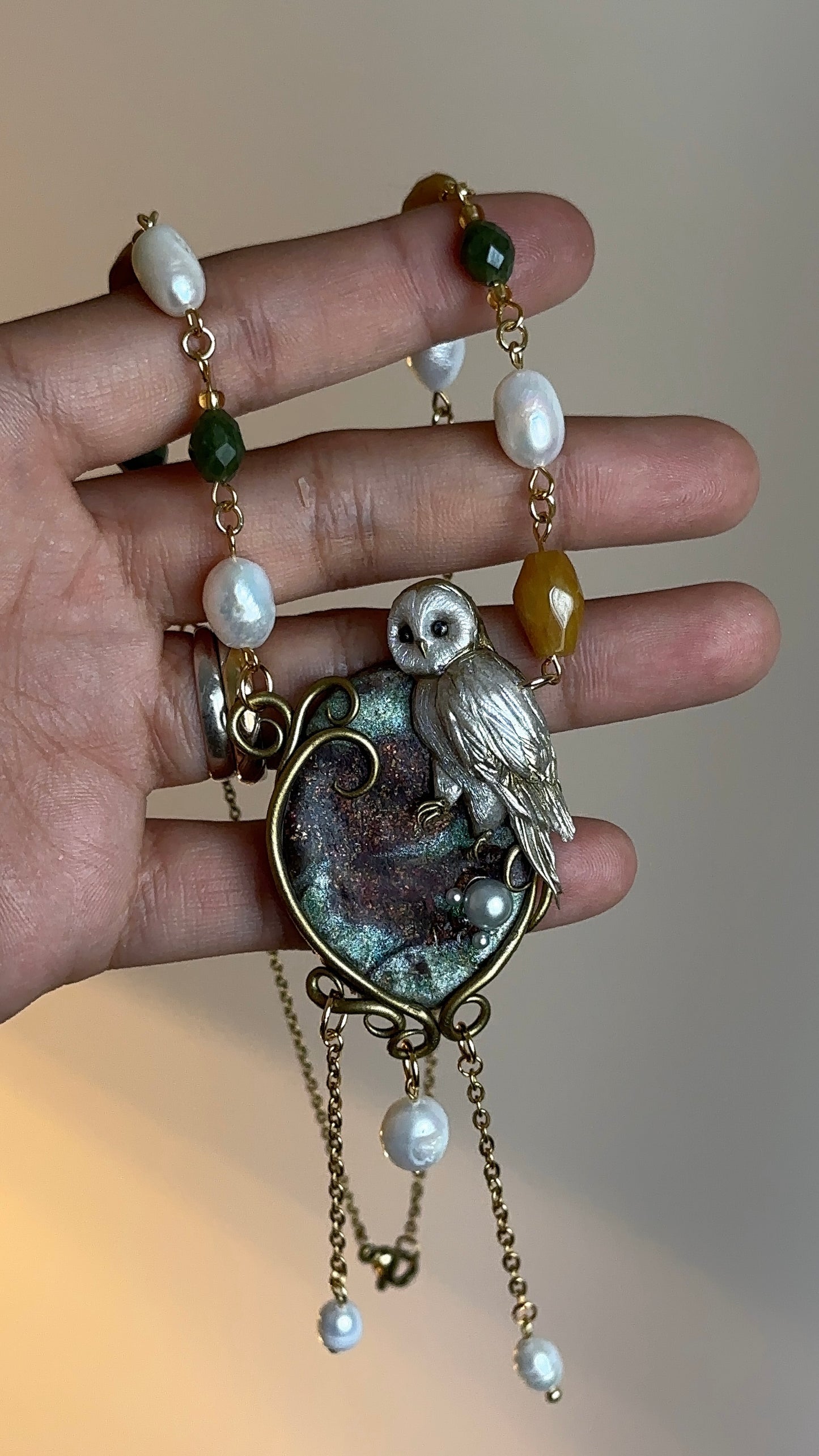 Exclusive owl necklace for women – handcrafted in Italy with pearls and natural gemstones, artistic jewelry.