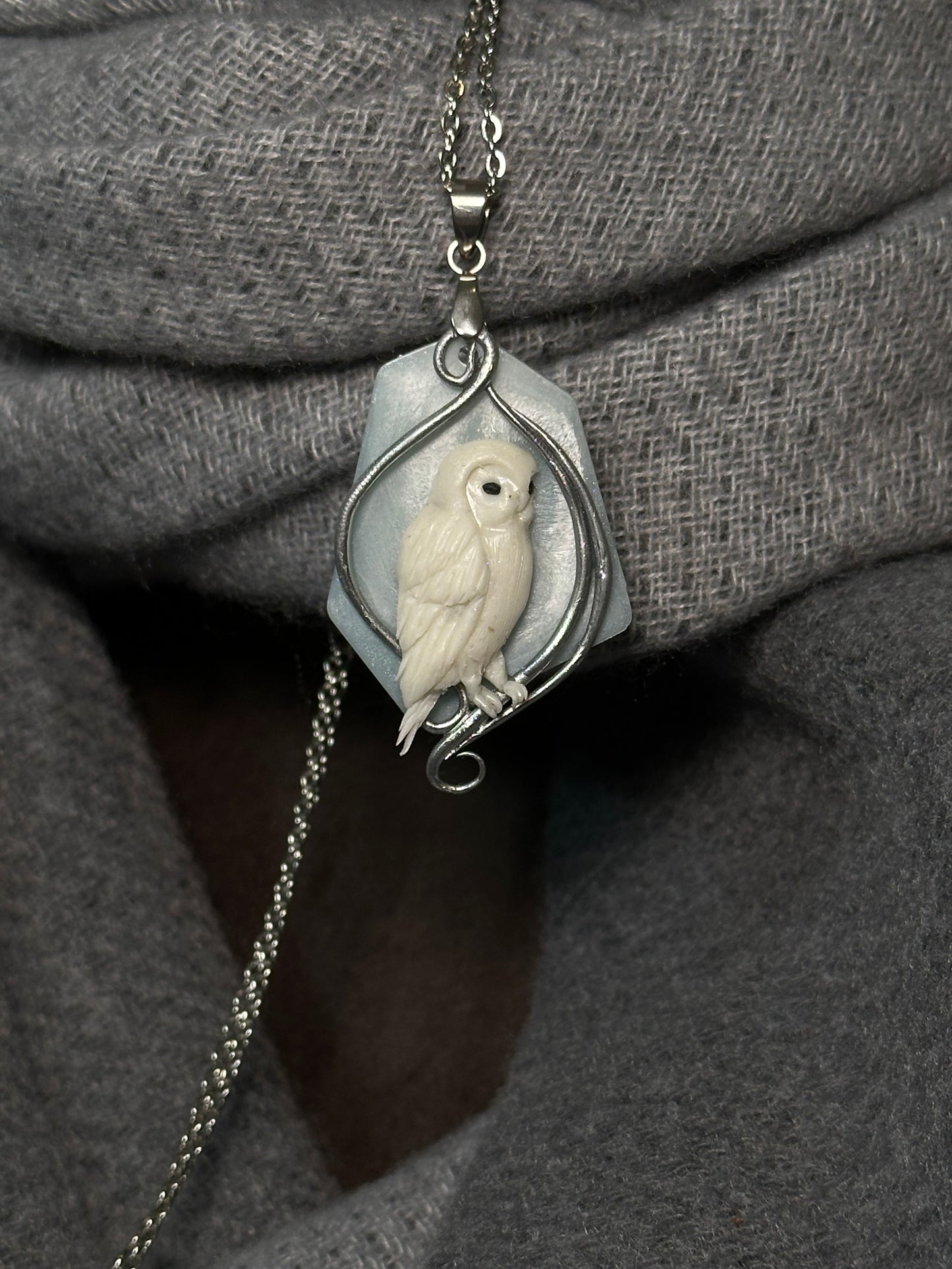 Glacial Owl Necklace – Sculpted Winter Bird Pendant with Stainless Steel Chain | Echoes of Ice