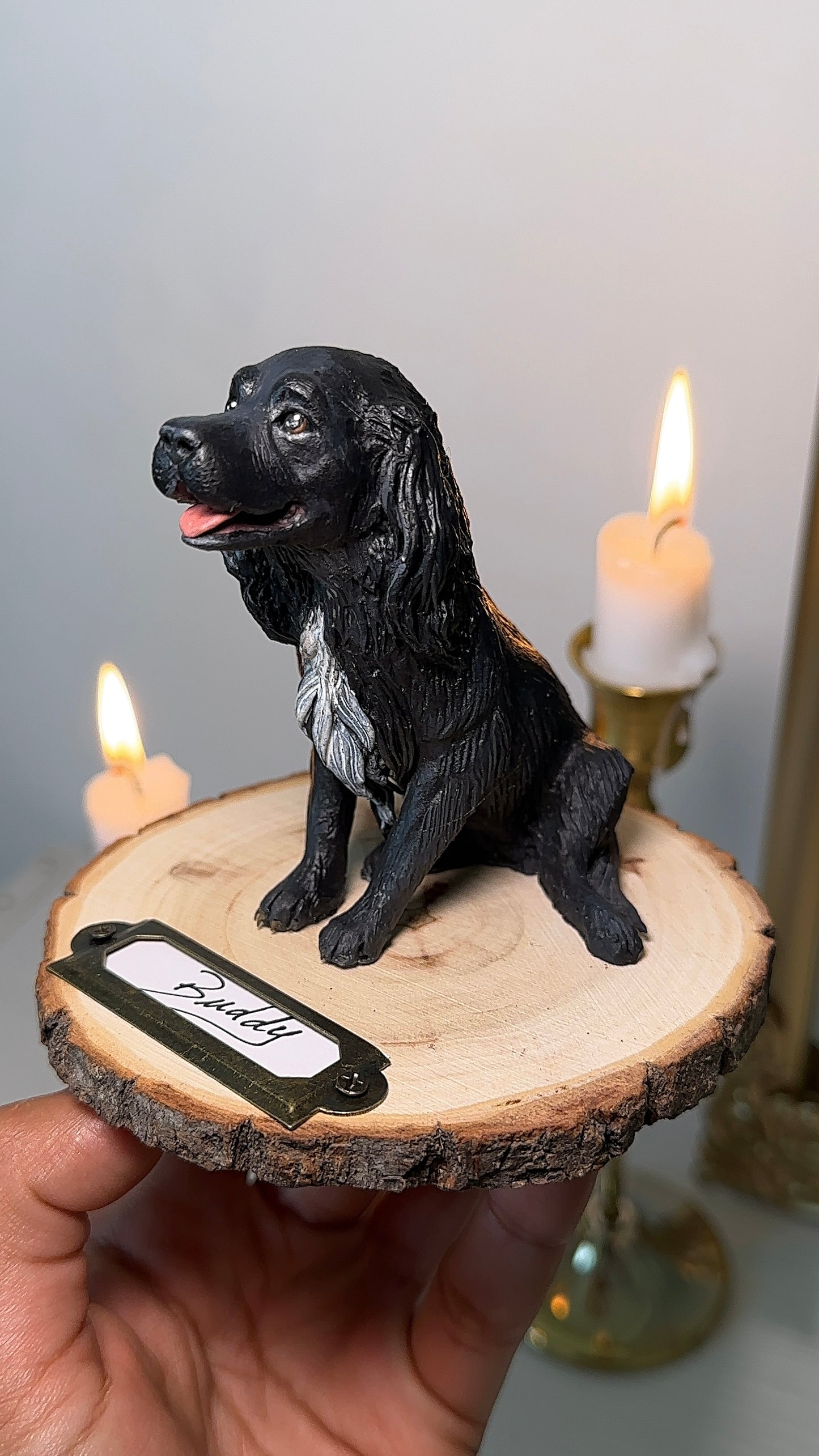 Luxury Spaniel memorial figurine, hand-sculpted in cold porcelain with fine detailing, mounted on rustic wooden base with engraved plaque