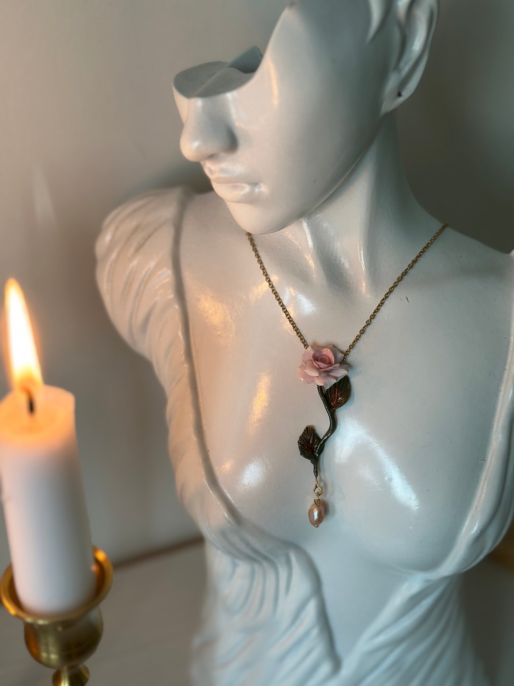 Handmade romantic necklace with pink rose, green stem and pearl drop – feminine floral jewelry