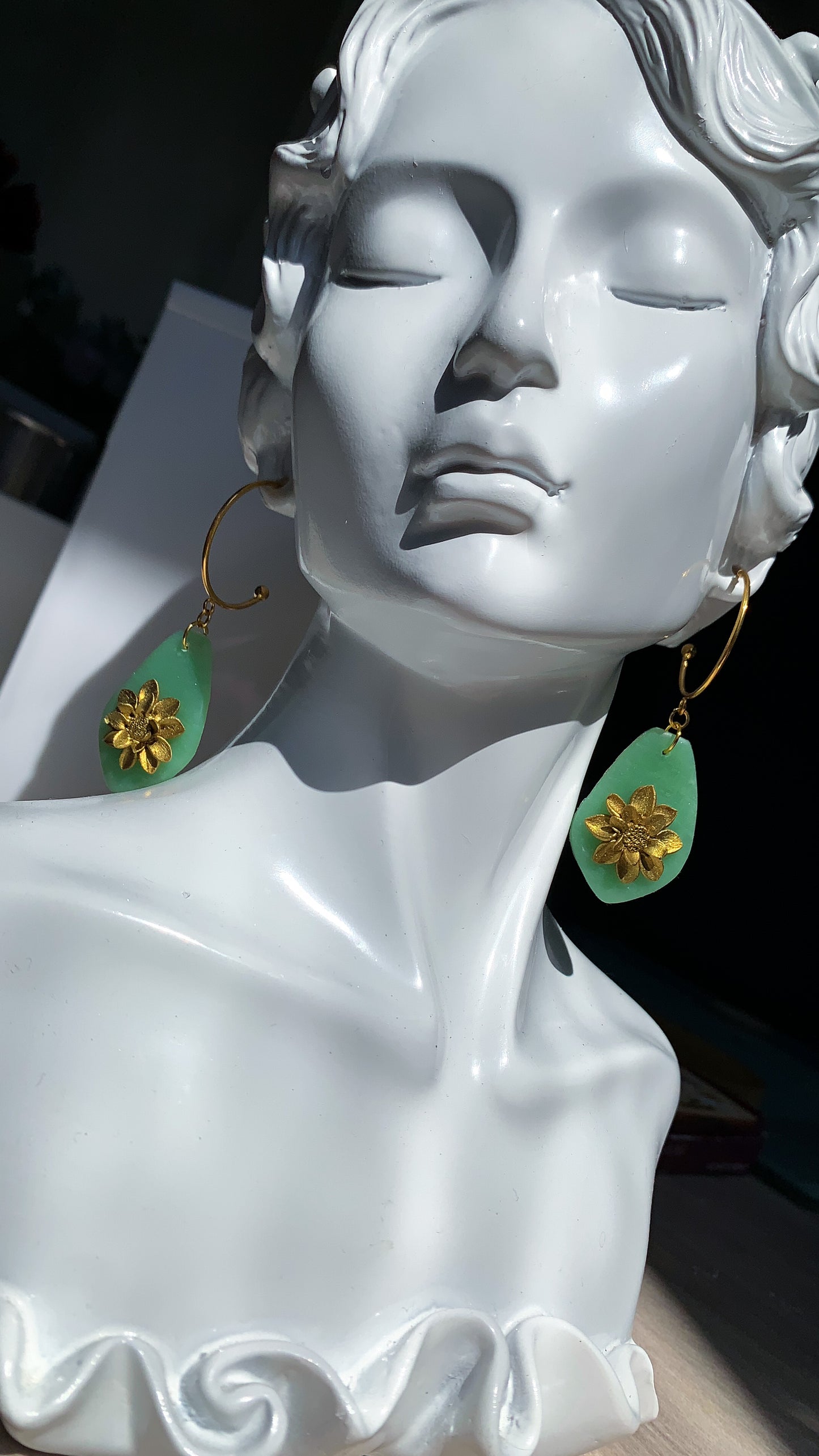 Faux Jade and Sunflowers Drop Hoop Earrings