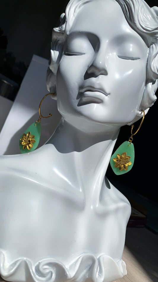Faux Jade and Sunflowers Drop Hoop Earrings