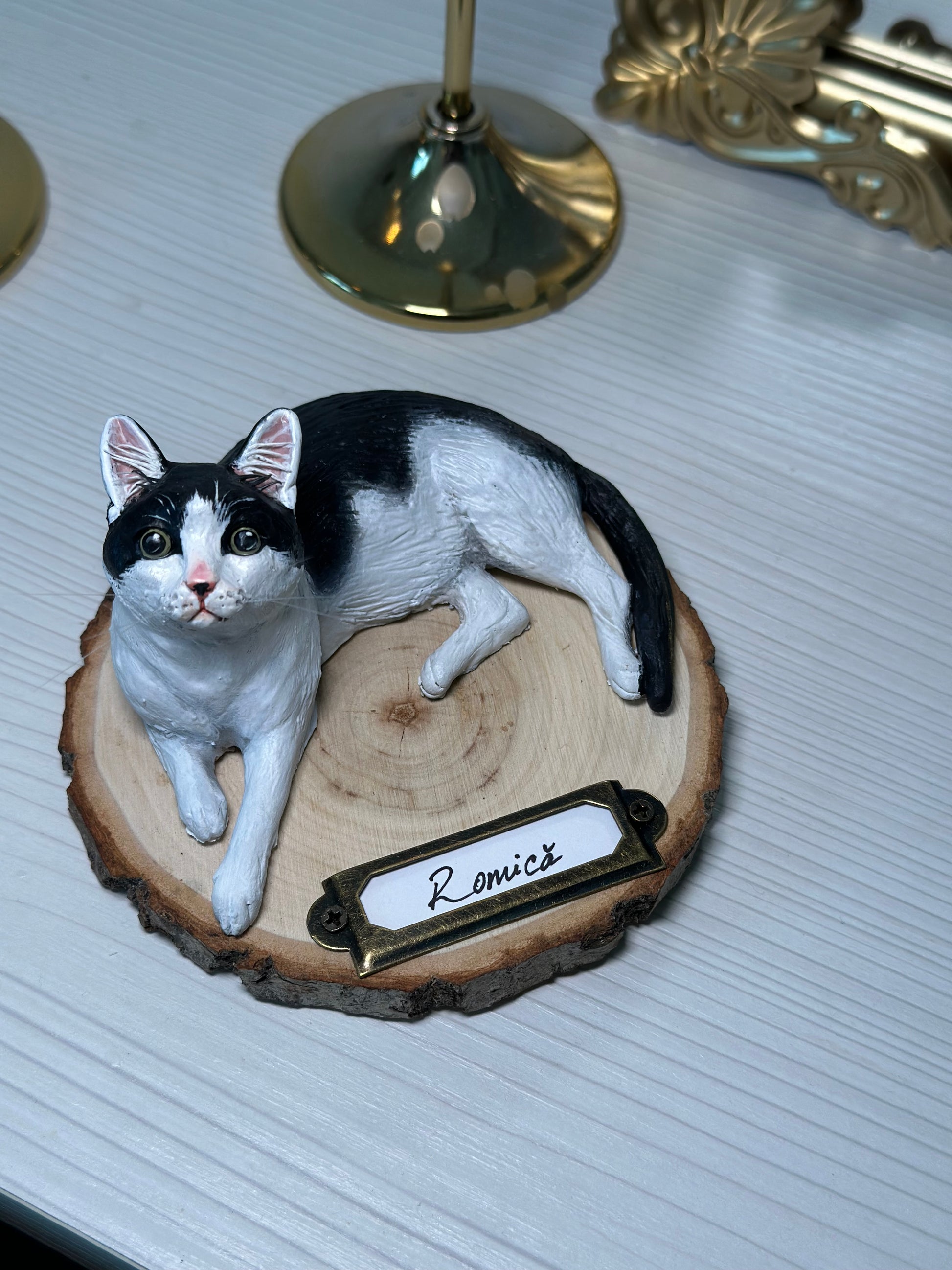 Collectible lifelike cat sculpture in cold porcelain, personalized black and white feline figurine on wood base, unique pet memorial art