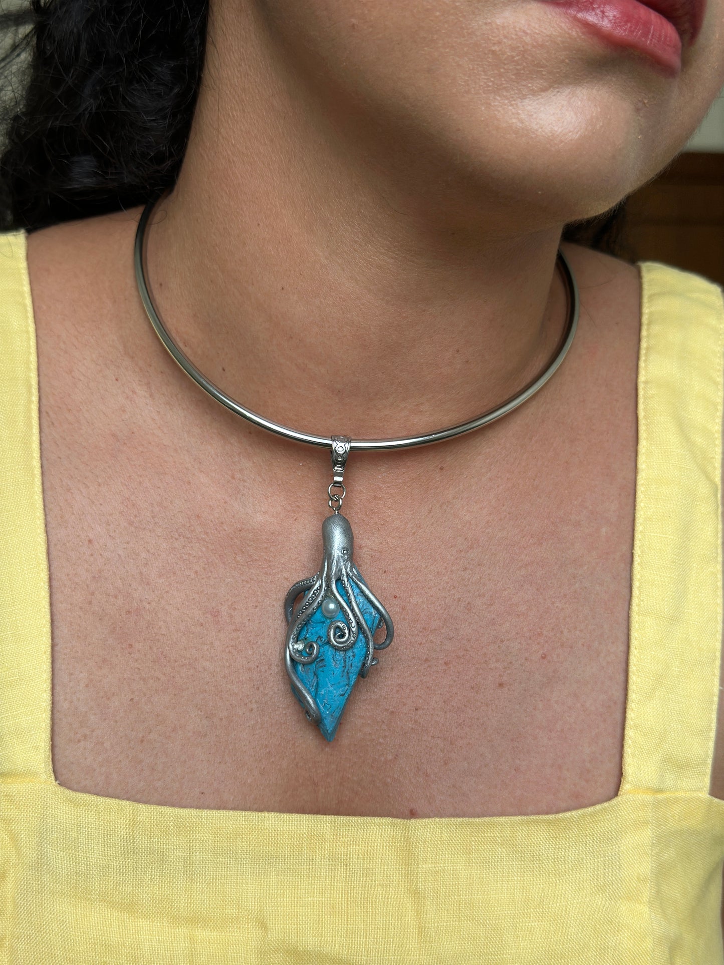         Silver octopus pendant necklace with faux turquoise stone, handmade ocean inspired statement jewelry for women who want unique sculptural accessories