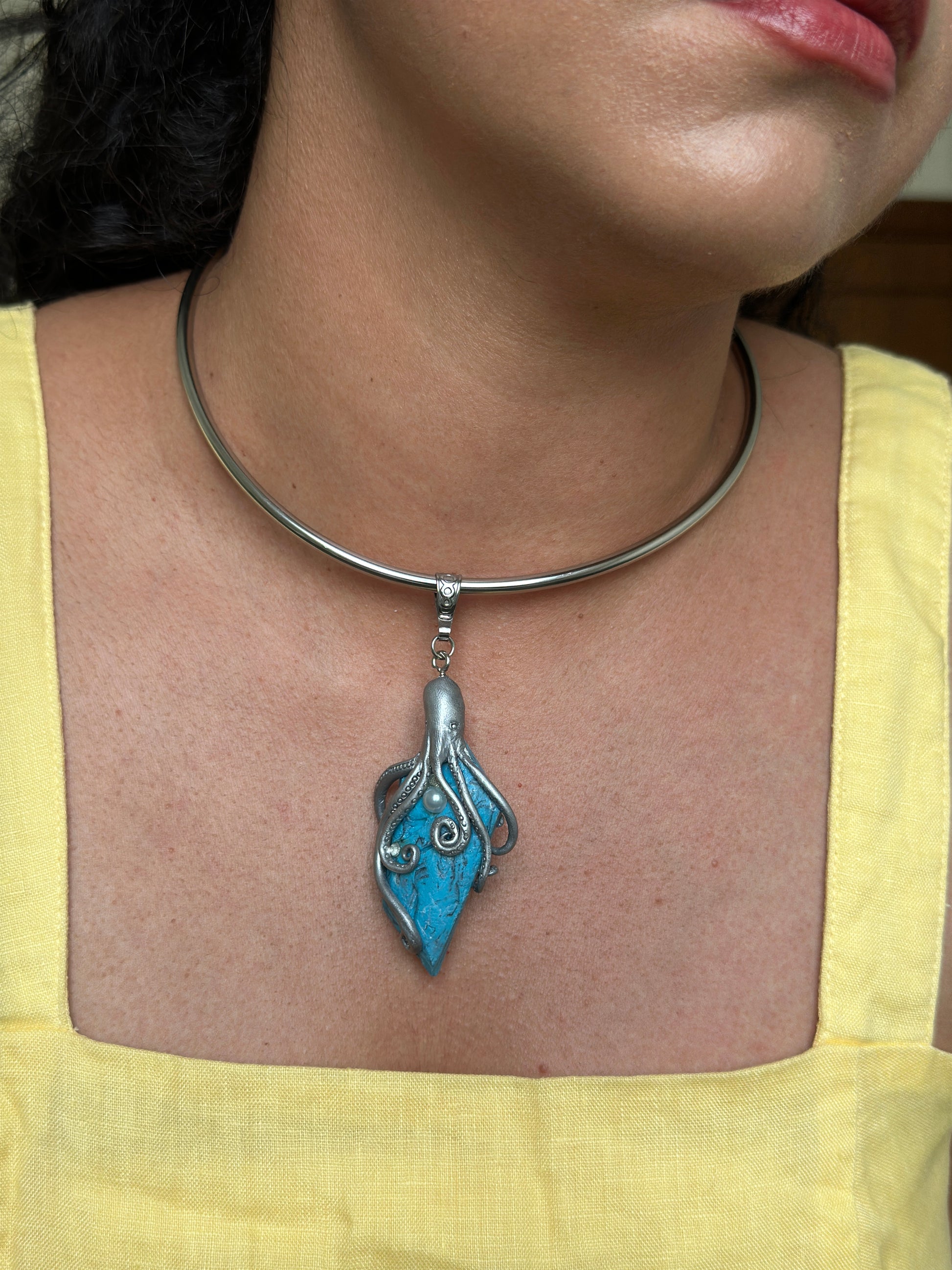         Silver octopus pendant necklace with faux turquoise stone, handmade ocean inspired statement jewelry for women who want unique sculptural accessories