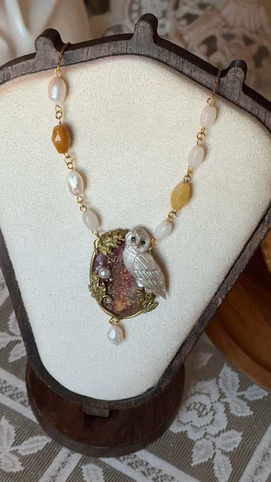 Nocturne of the Owl necklace – handcrafted owl pendant with freshwater pearls and golden accents