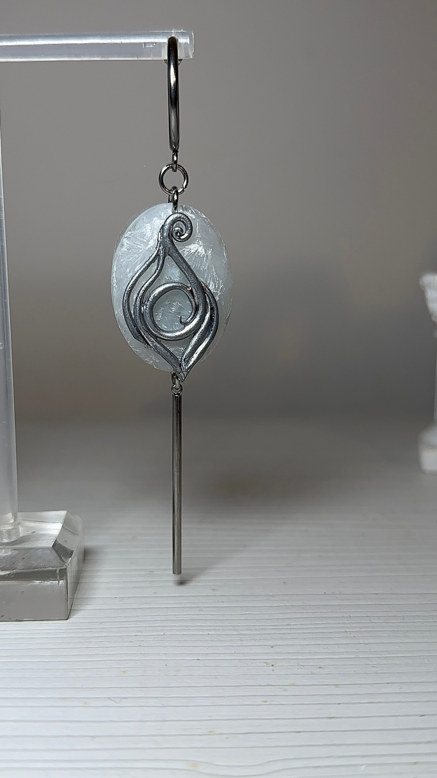 Handcrafted silver earrings with frozen glass effect oval and long drop bar, elegant artistic jewelry for timeless feminine looks