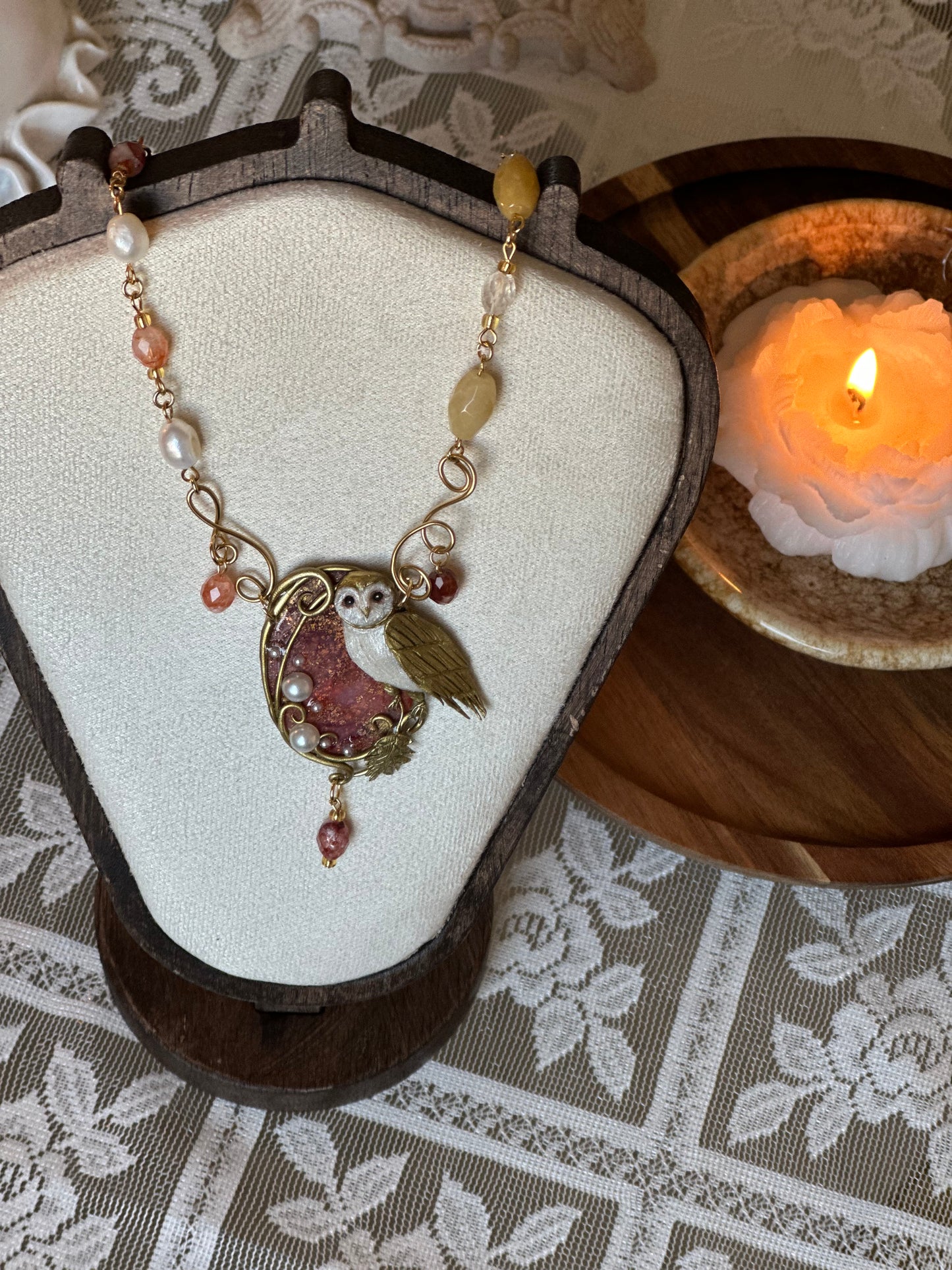Ember Nocturne necklace, unique artisan owl pendant with freshwater pearls and faceted gemstones.