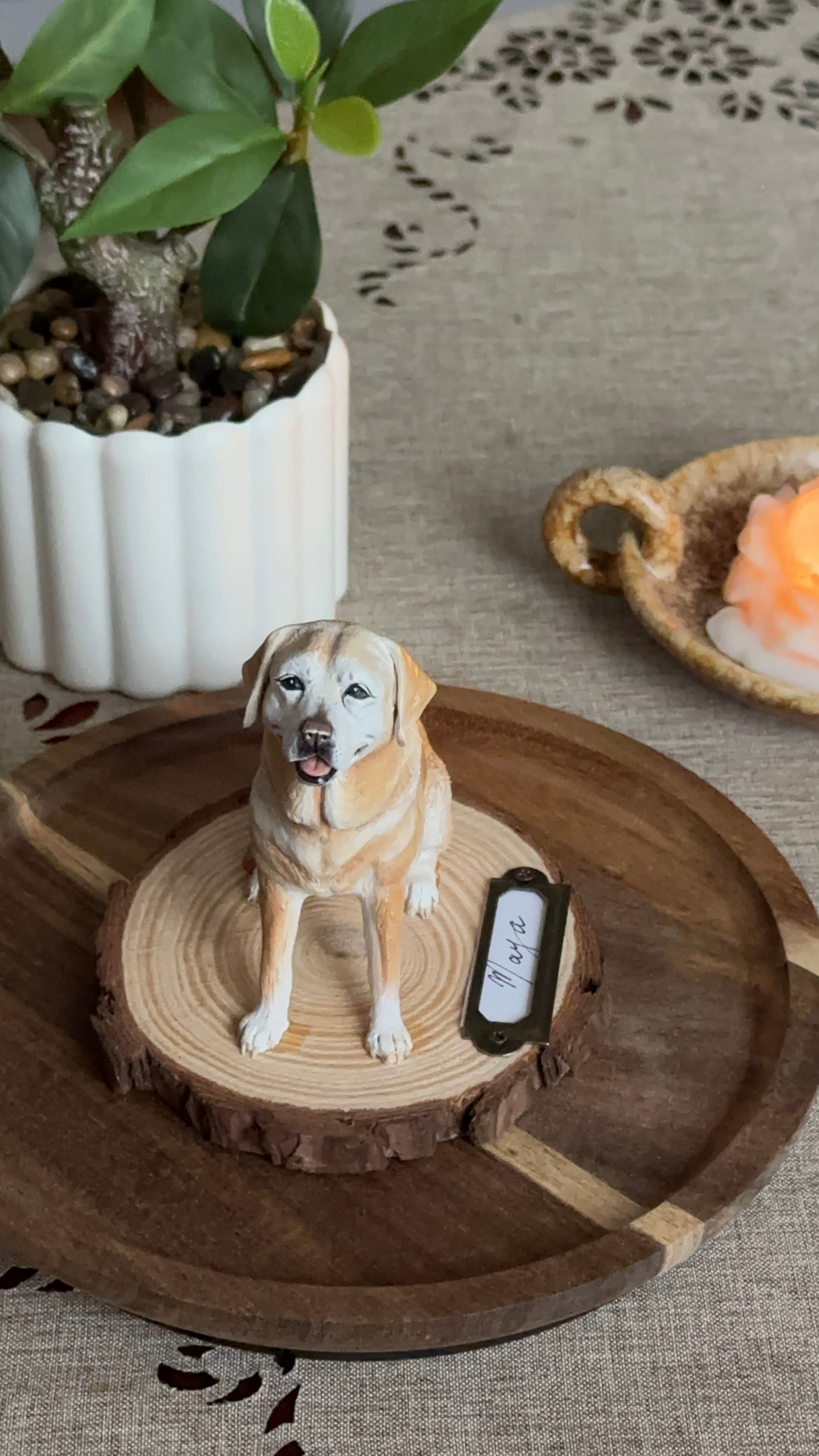     Handcrafted custom pet portrait sculpture of a beloved dog or cat, made as a one-of-a-kind luxury pet keepsake with personalized name plaque.