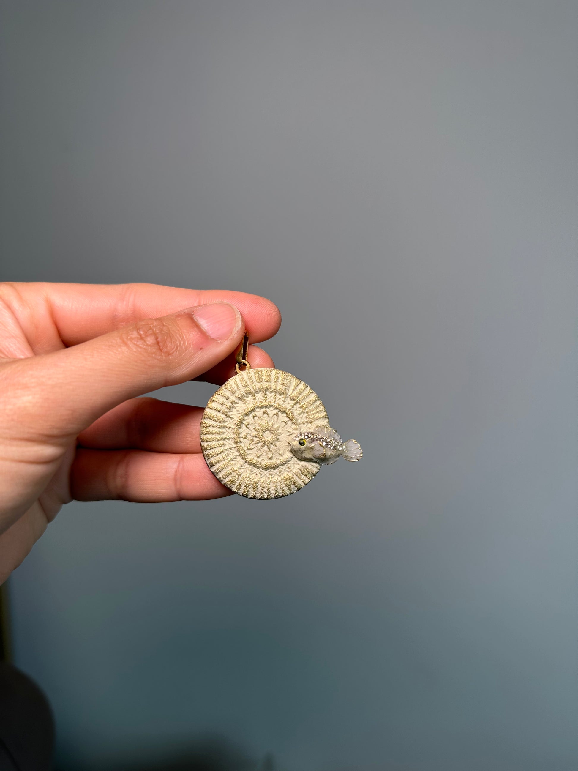 Symbolic handmade fish necklace with mandala pendant, polymer clay ocean jewelry on stainless steel chain
