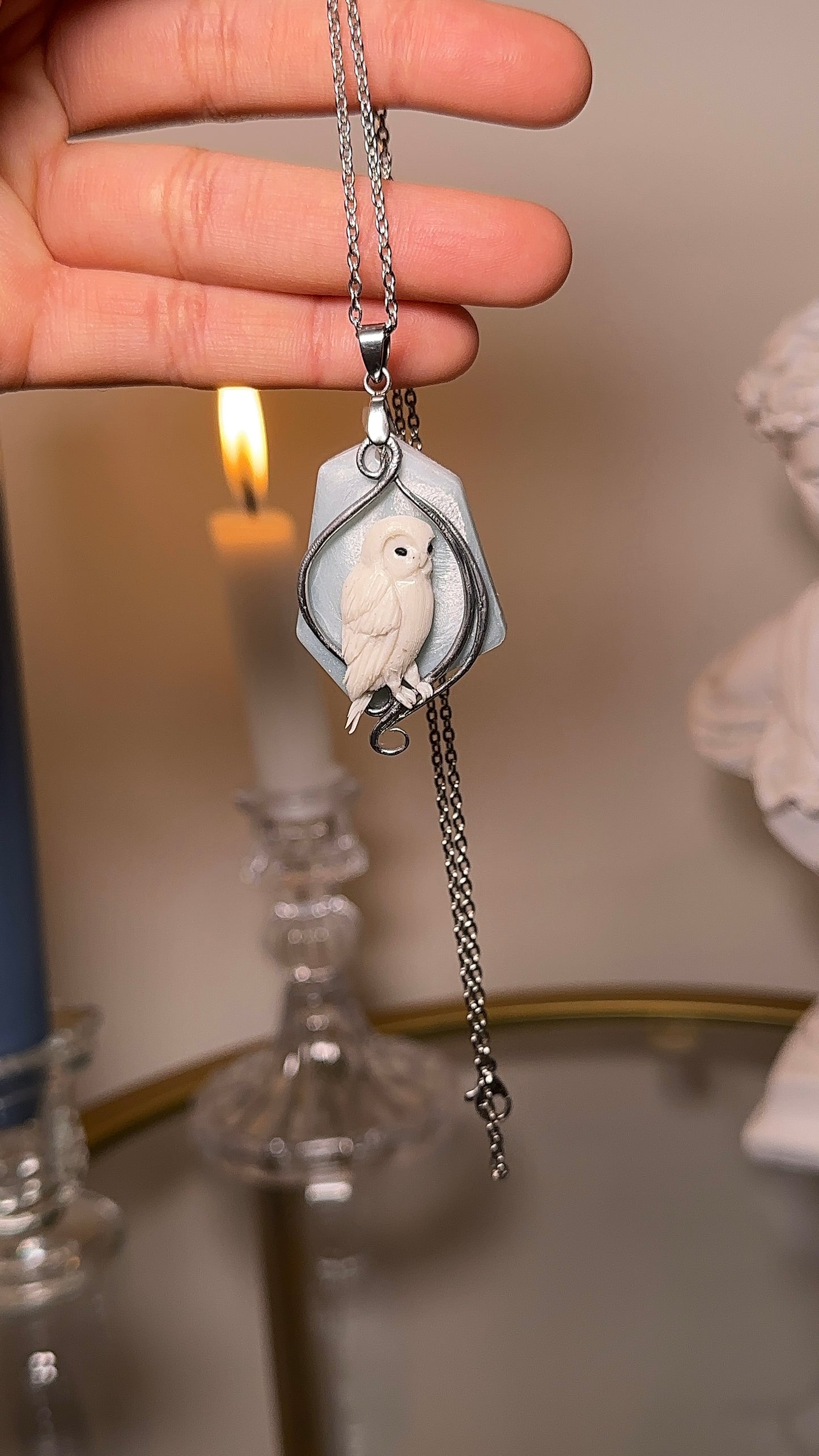 Glacial Owl Necklace – Sculpted Winter Bird Pendant with Stainless Steel Chain | Echoes of Ice