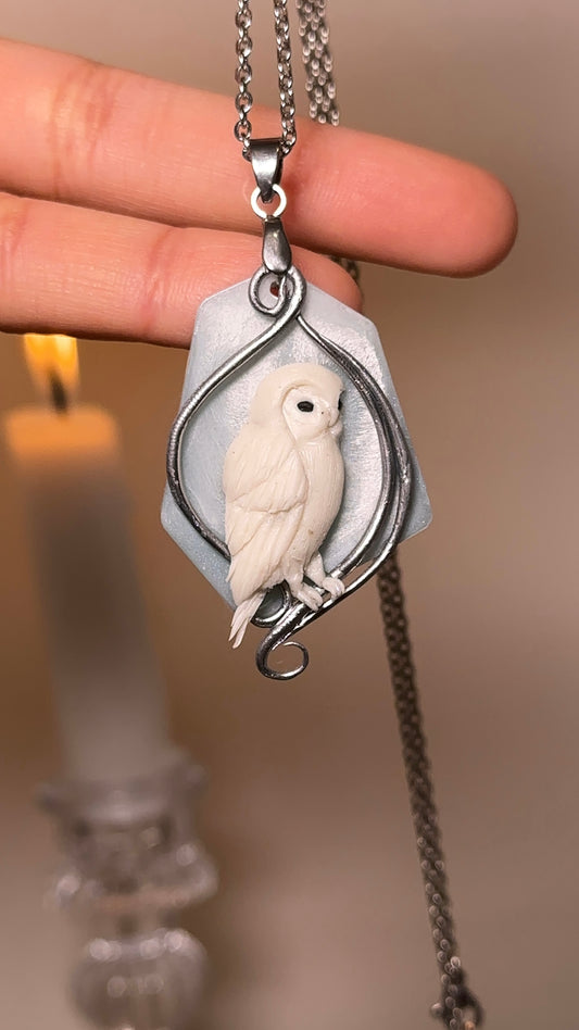 Glacial Owl Necklace – Sculpted Winter Bird Pendant with Stainless Steel Chain | Echoes of Ice