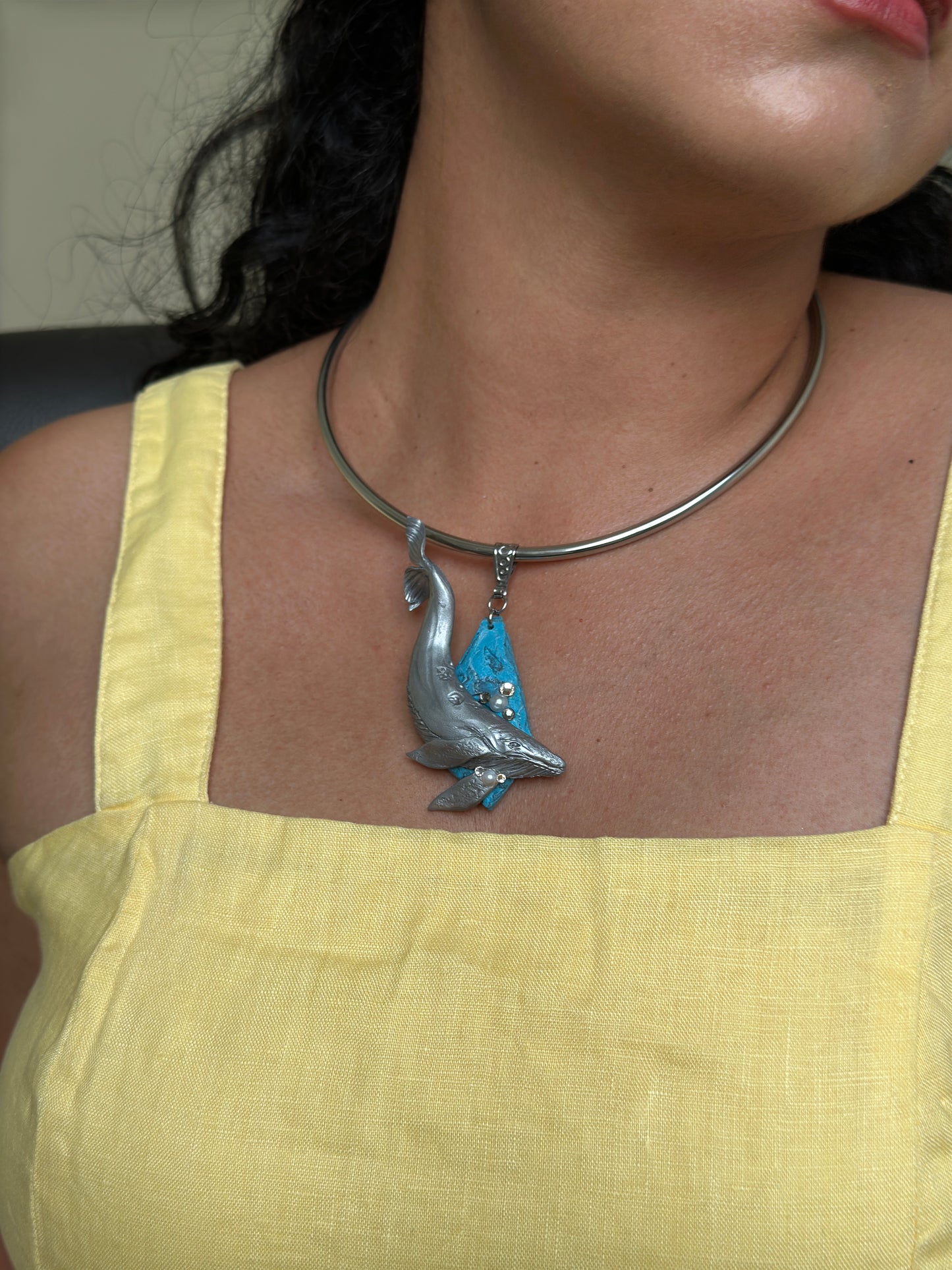     Silver whale pendant necklace with faux turquoise accent, unique handmade ocean jewelry for women who love statement accessories.