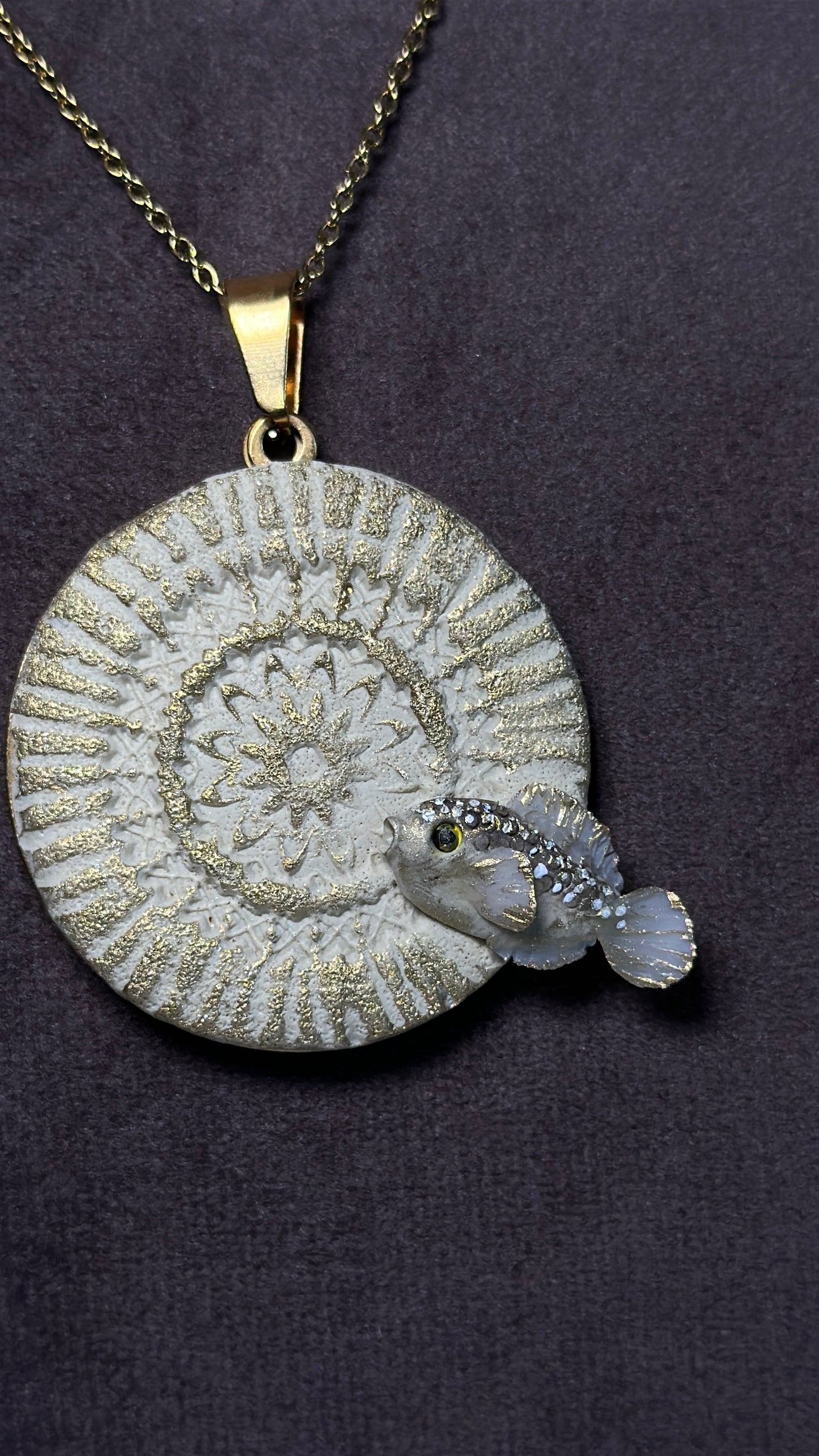 Handmade mandala fish necklace in polymer clay with stainless steel chain, symbolic ocean-inspired statement pendant