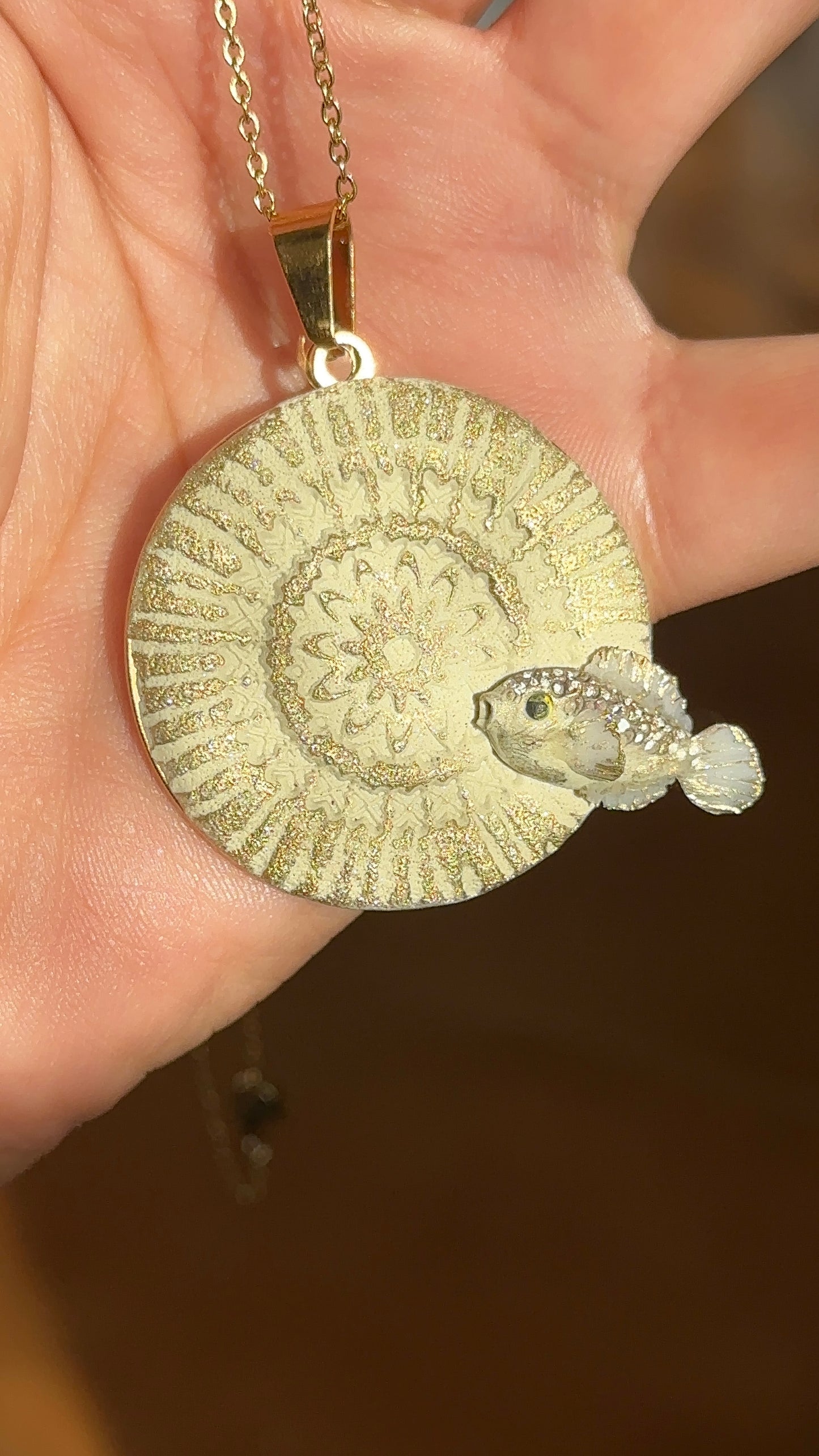 Handmade mandala fish pendant necklace in polymer clay with stainless steel chain, symbolic ocean-inspired statement jewelry