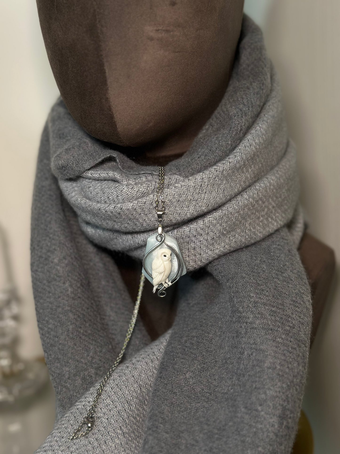Glacial Owl Necklace – Sculpted Winter Bird Pendant with Stainless Steel Chain | Echoes of Ice