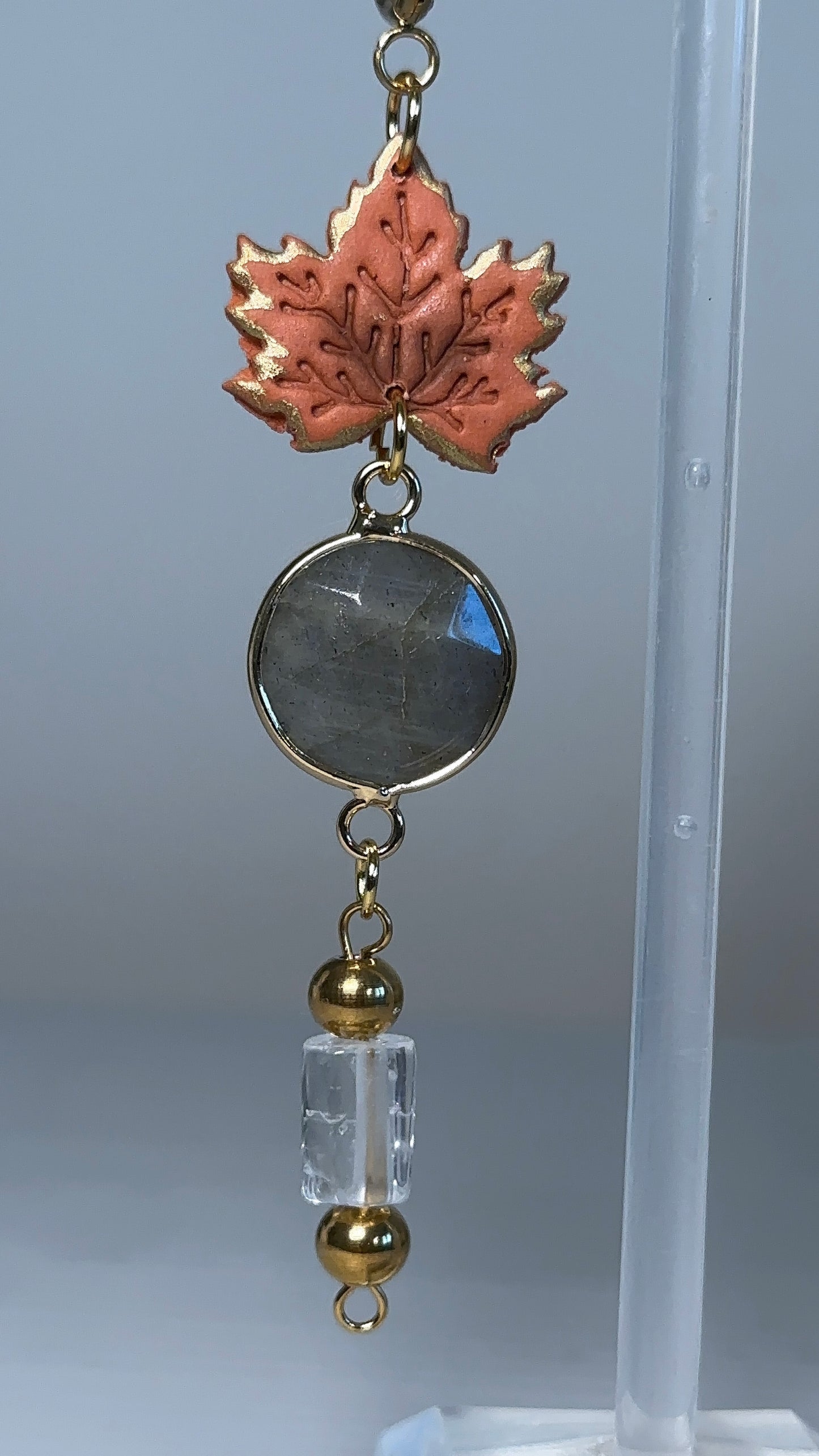 Golden Owl and Maple Leaf earrings – unique handcrafted statement jewelry in stainless steel and polymer clay, lightweight and timeless.
