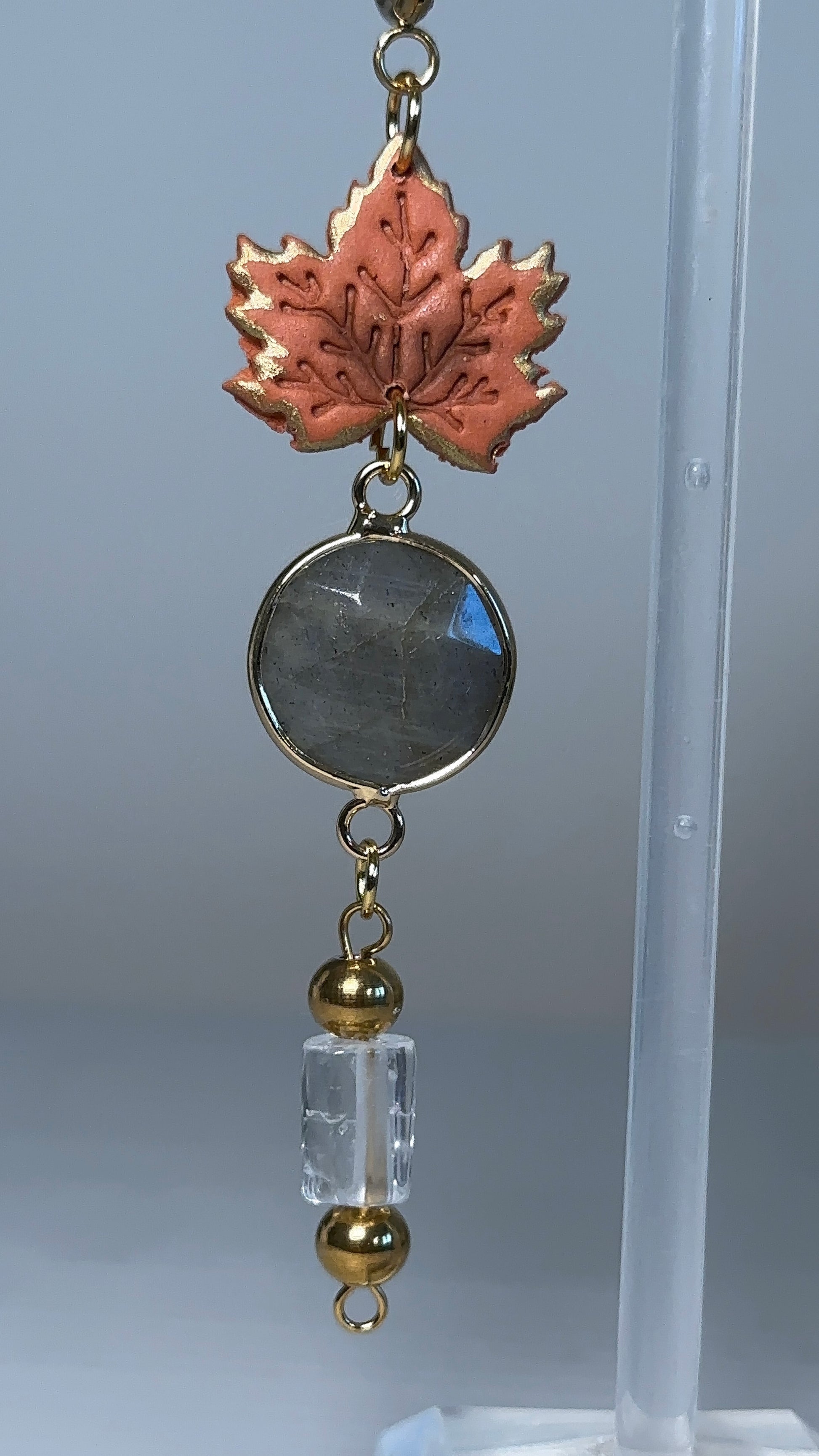 Golden Owl and Maple Leaf earrings – unique handcrafted statement jewelry in stainless steel and polymer clay, lightweight and timeless.
