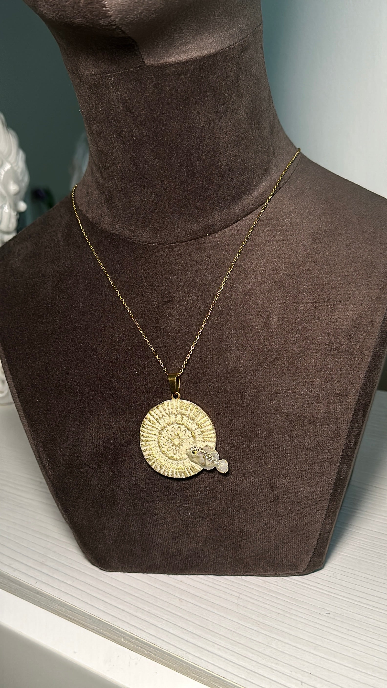 Ocean-inspired fish pendant necklace handmade in polymer clay, round mandala design with stainless steel chain