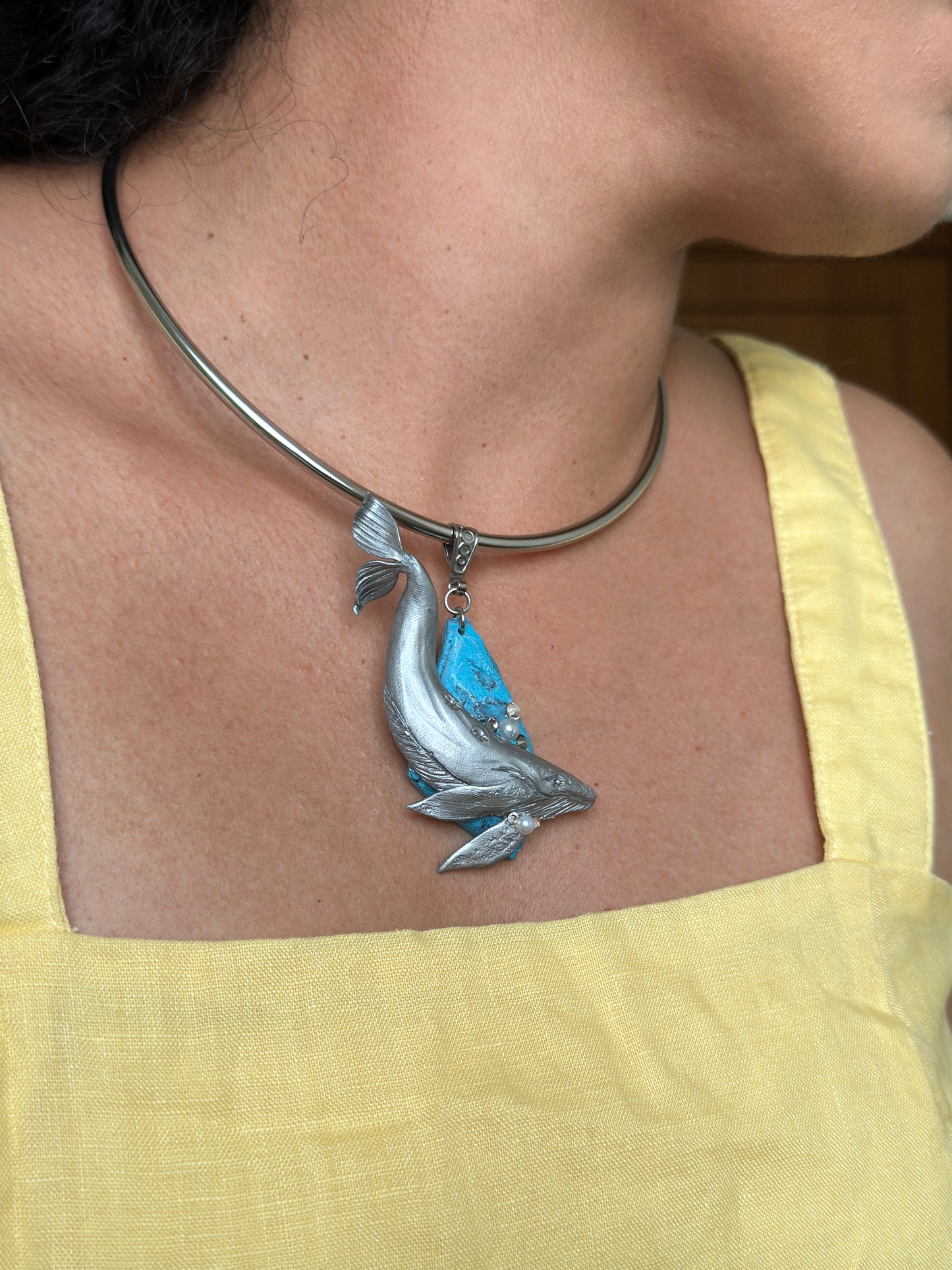     Sculptural whale necklace for women, handmade silver pendant with faux turquoise detail and rigid choker collar.