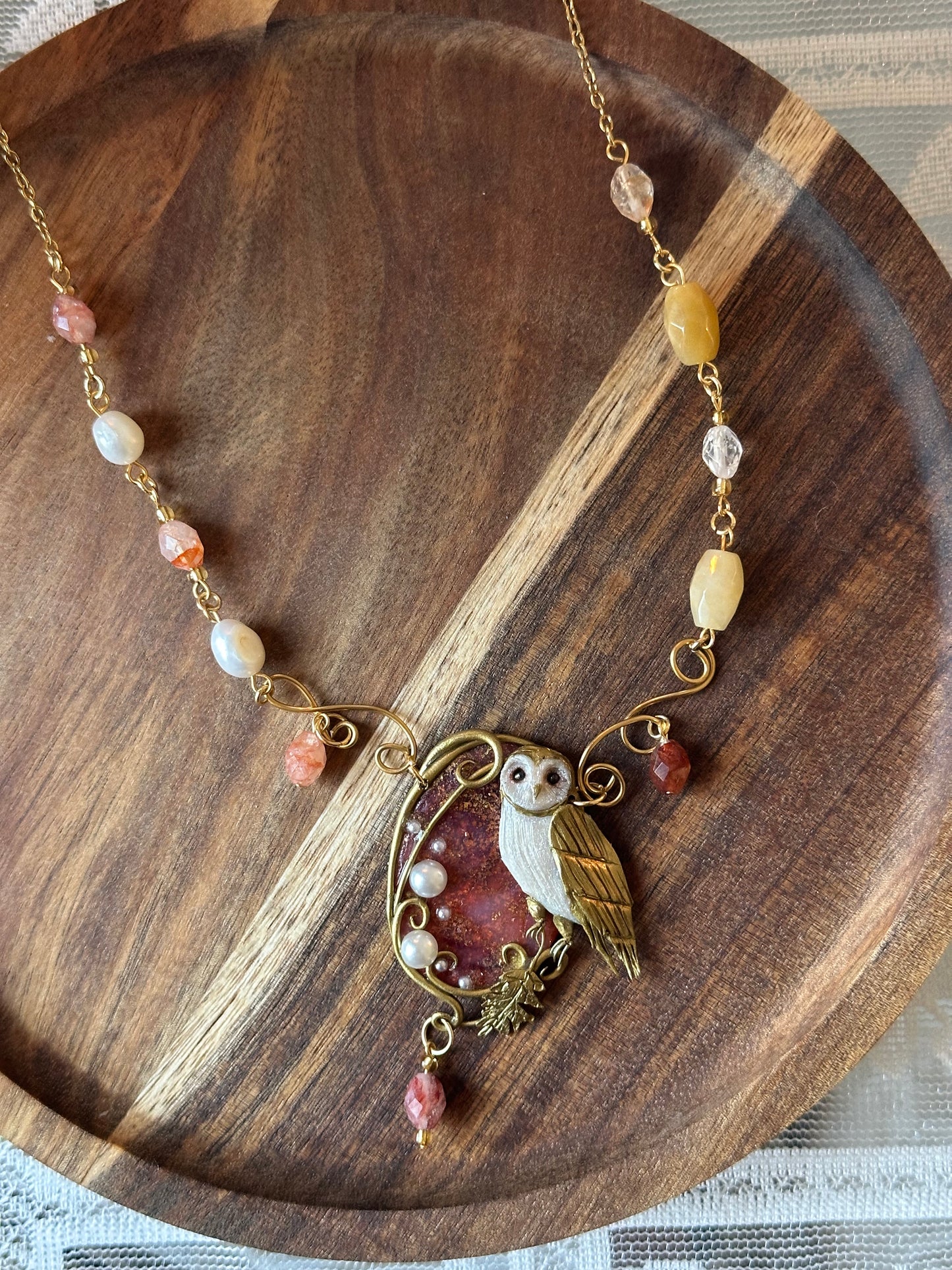 Unique owl pendant necklace with natural pearls and gemstones, handcrafted artistic jewelry.
