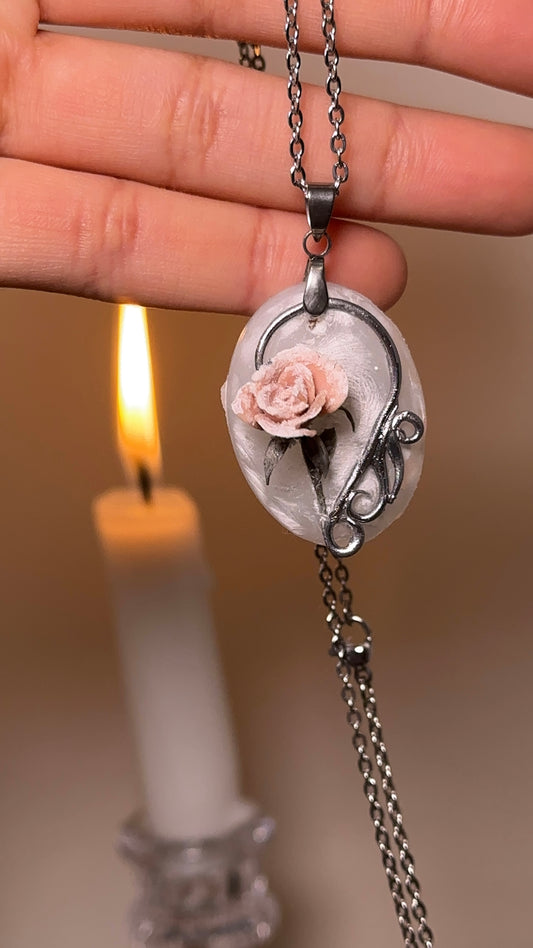 Blush frost rose statement necklace with stainless steel chain, unique collector jewelry for luxury accessory lovers