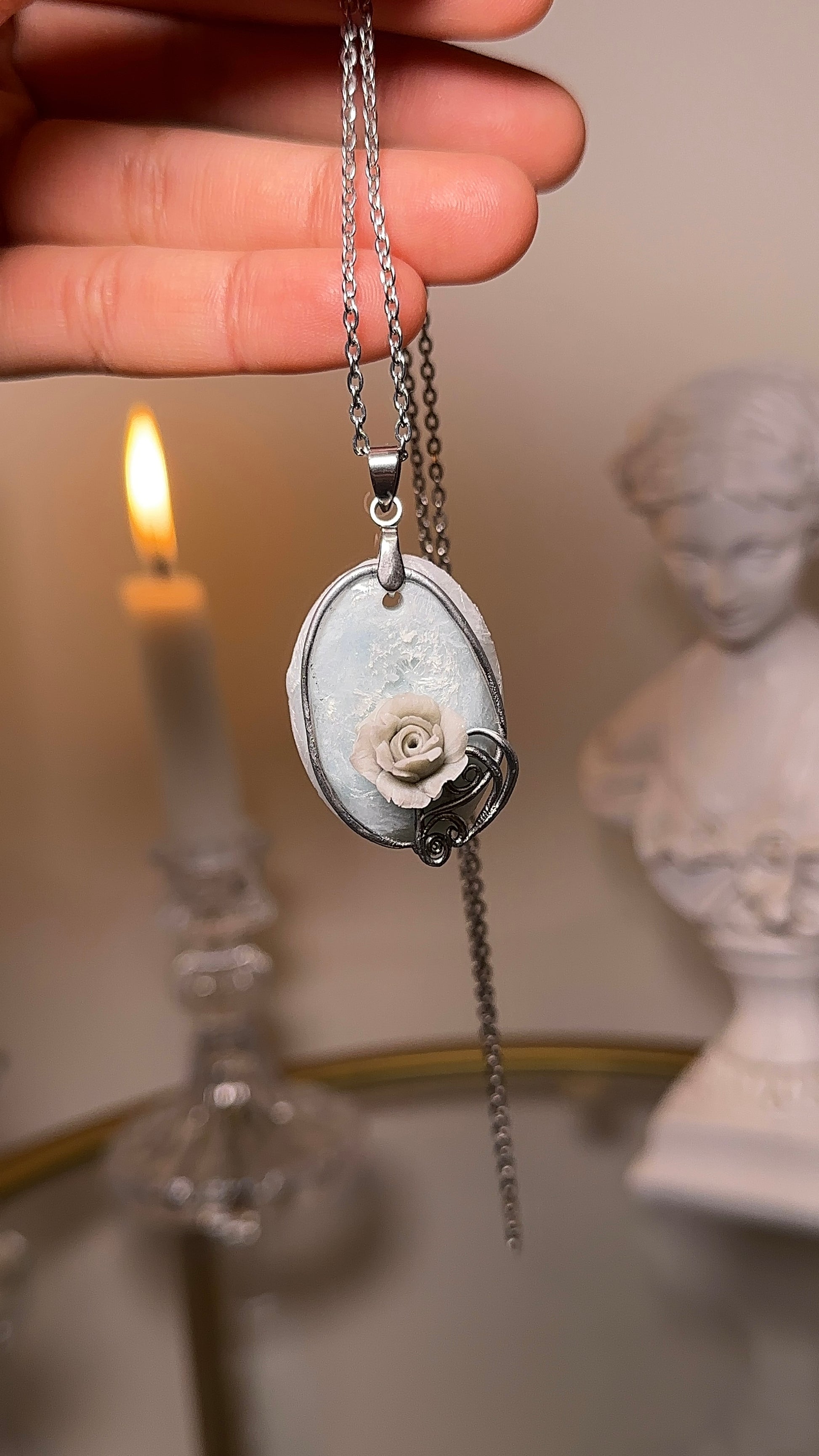 Fractured ice rose statement necklace with stainless steel chain, sculpted winter floral jewelry for collectors of rare accessories