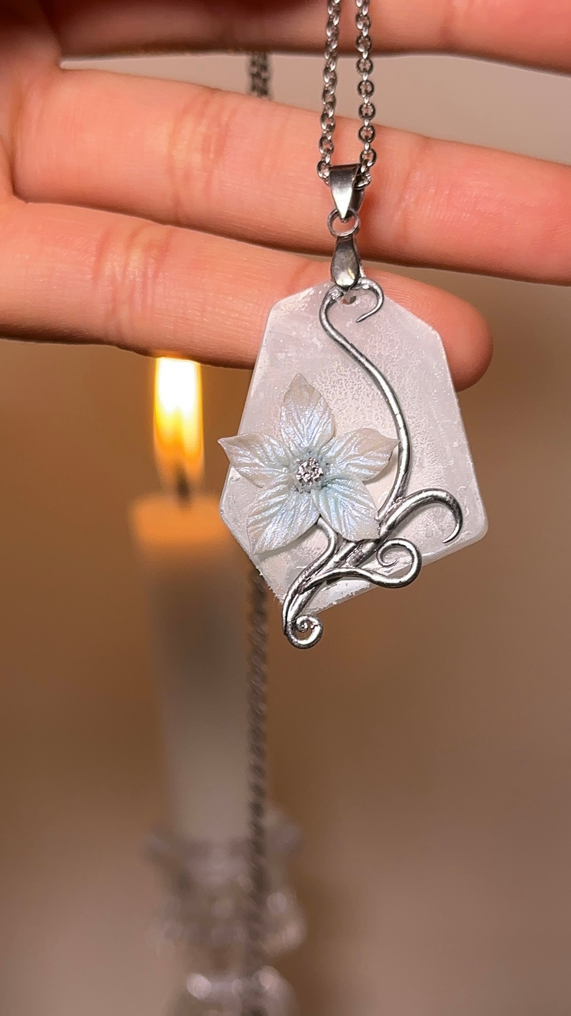 Ice flower pendant statement necklace with stainless steel chain, unique collector jewelry for luxury accessory lovers