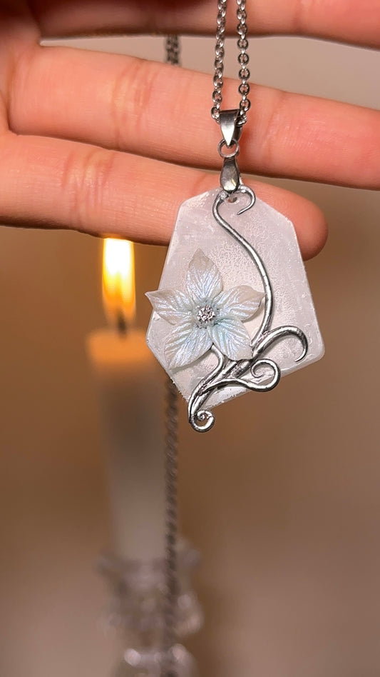 Ice flower pendant statement necklace with stainless steel chain, unique collector jewelry for luxury accessory lovers