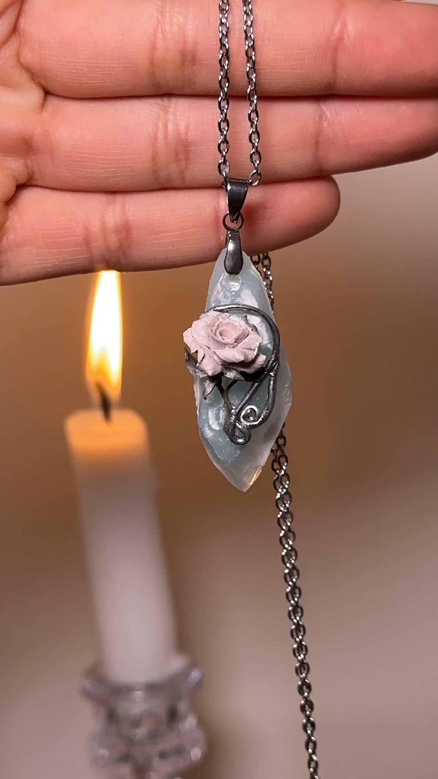 Ice veil rose statement necklace with stainless steel chain, unique collector jewelry for luxury accessory lovers