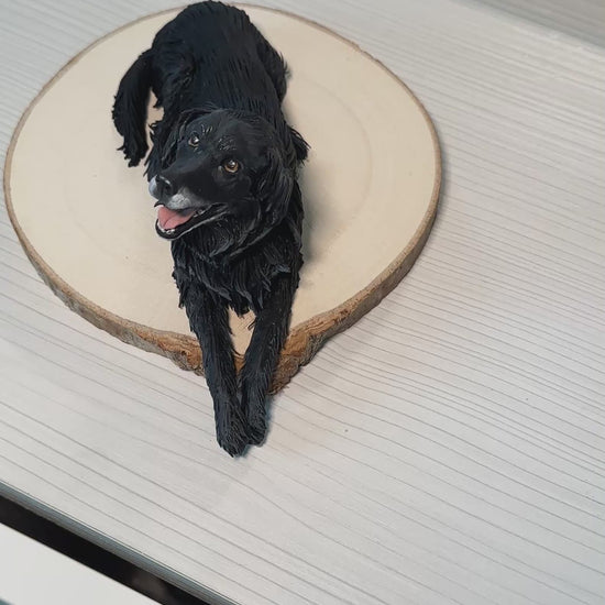 Slow close-up video showing a handcrafted dog memorial statue on a wooden base with name plaque. The camera moves around to highlight the lifelike details and textures of Dodò’s face and fur.